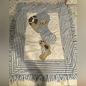 Kidsline crib/toddler bed size blue white ruffled football teddy bear comforter